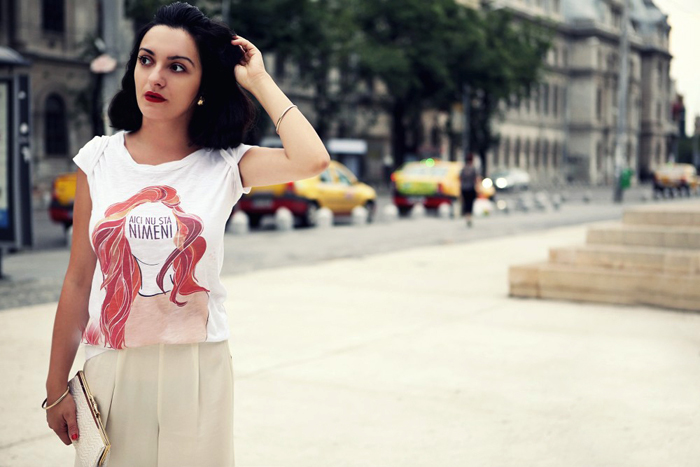 Ana wearing her Book Cover Tee with Enigma Otiliei